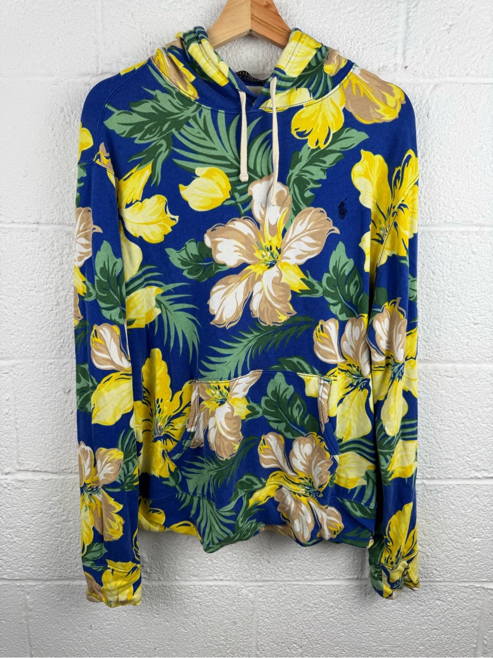 Polo Ralph Lauren Blue Tropical Floral Hoodie Sweatshirt 100% Cotton Size Large